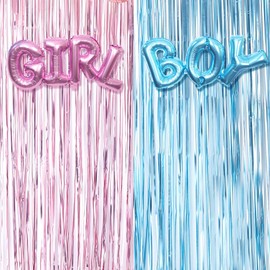 Gender Reveal Decoration Set - Metallic Fringe Curtains + BOY Girl Foil Balloons Gender Reveals Party Photo Backdrop (Pink/Blue)