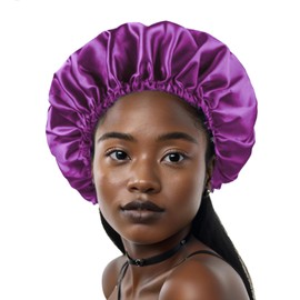 Silk Bonnet for Sleeping Women Curly Hair Non-Slip, Large Double Layer Satin Bonnet Adjustable Hair Bonnet Sleep Cap Purple