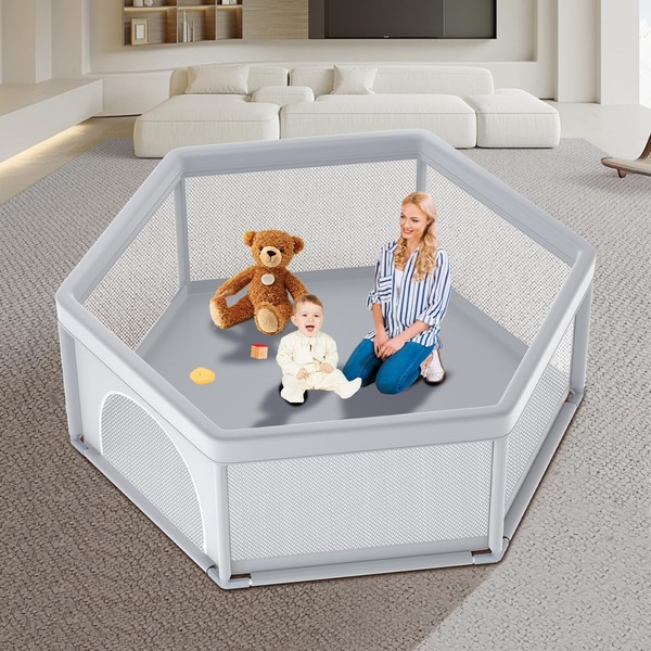 Poudee 55x55 Inch Hexagonal Baby Playpen, Playpen for Babies and