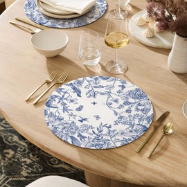 Artoid Mode Hydrangea Chinoiserie Vinyl Round Placemats Set of 4, 14 Inch Wipeable PVC Table Mats for Party Kitchen Dining Decor