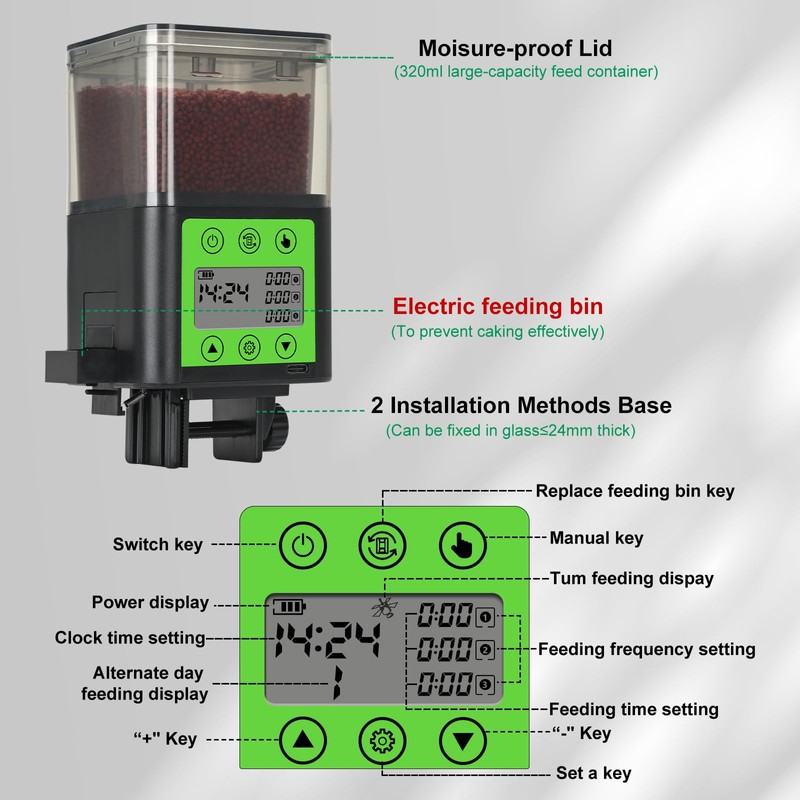 Lychee Automatic Fish Feeder - USB Rechargeable 320ML Large Capacity