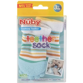 Nuby Soothing Teether Sock, Baby Blue Stripes, 5"