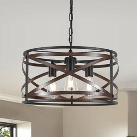 Black Farmhouse Chandeliers for Dining Room, 3-Light 18.5" Drum Chandelier Rustic Wood and Black Metal Hanging Light Fixture for Entryway Kitchen Foyer Bedroom