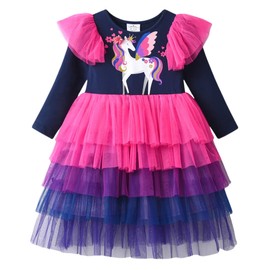 DXTON Toddler Girls Dress Long Sleeve Tutu Winter Birthday Party Dress for Little Girl 6 Years,Purple