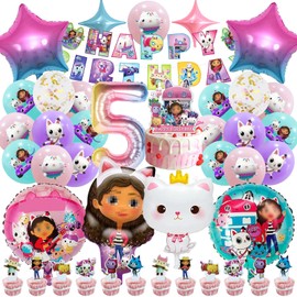 51 Pieces Gabys Dolhouse Birthday Decoration 5 Years Girl, Gabys Dolhouse Birthday Party Set, Children's Birthday Balloons Set, Party Decoration Birthday Set for Children (5)