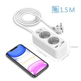 JSVER Steckdosenleiste mit USB,2 Fach Reise Mehrfachsteckdose mit 2 USB Ladegerät Tischsteckdose mit Schalter Verlängerungskabel für Reisen und Büro,1.5m Kabel-Weiß