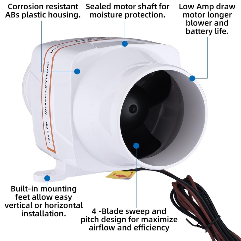 NovelBee Marine Boat DC 24V Electric in-Line Bilge Air Blower