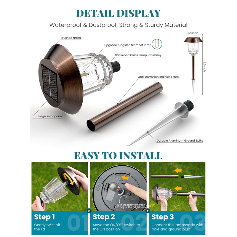 HMDecor Solar Lights Outdoor Waterproof,6 Pack Bronze Pathway Lights with