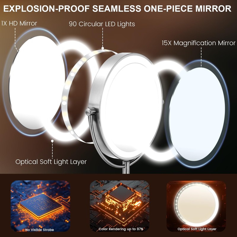VESAUR 1X15X HD Lighted Makeup Mirror, 9" Large 5000mAh Rechargeable