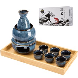 DUJUST 10 pcs Japanese Sake Set with Warmer for 6, Kiln Altered Glaze Porcelain Sake Set, 6 Sake Cups, 1 Sake Bottle, 1 Warmer, 1 Candle Stove, 1 Tray & 1 Box, Warm Sake Carafe, Japanese Gifts - Blue