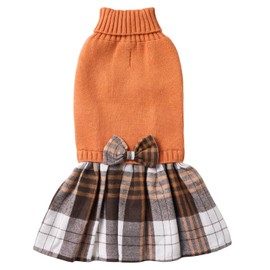 Orange Knitted Dog Sweater Dress, Plaid Dog Winter Clothes for Small Dogs Girl, Maltese Cat Apparel, X-Small (XS)