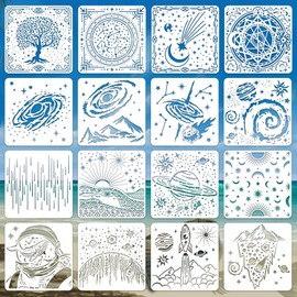 Meagtlva Reusable Stencil, Drawing Painting Stencils Set, Stencils and Templates for Floor Wall Tile Fabric Furniture Painting,Home Decor DIY Supplies (16pcs-Space Galaxy)