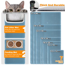 Waterproof Cat Litter Mat, Double Layer EVA, Odor-Free Large Grid, Urine Proof, Easy Cleanup (Blue, 12 x 18)