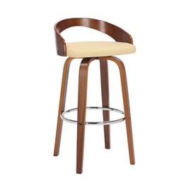 Armen Living Sonia Mid Century Modern Swivel Bar Stool for Kitchen Island Counter in Cream Faux Leather and Walnut Wood, 30" Seat Height