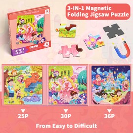 BBLIKE Puzzles Toys for 3 4 5 Year Olds - Magnetic Jigsaws 86 Pcs for Kids Age 2-6 Travel Toys for Toddler on Plane Educational Learning Birthday Gift Present for Children Baby Girl(Princess Paradise)