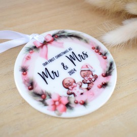 Our First Christmas as Mr & Mrs 2024 Hanging Decoration. Cute Gingerbread Blush Pink. White Ceramic Ornament for Newlyweds.Wedding Gift. Xmas Tree Keepsake Bauble