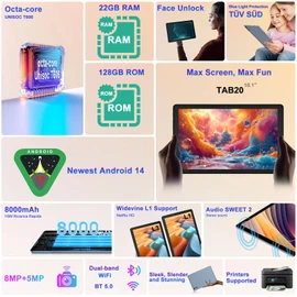 Dghrti Android Tablet, 22G+128G/1TB Expansion, 10 inch Android 14 Tablets with 8000 mAh Battery, Octa-Core, GPS, Split-Screen, Face Unlock, 2 in 1 Tablet with Keyboard, Mouse, Case, Gray