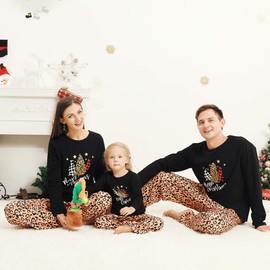 Family Matching Christmas Pajamas Set Long Sleeve Top and Pants PJs Sleepwear (Women : S, Black+Leopard)