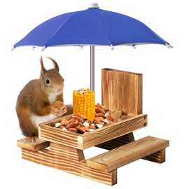 Gnodary Squirrel Feeder with Umbrella, Squirrel Feeders for Outside, Squirrel Picnic Table Feeder - Chipmunk Feeder Hold Corn, Corn Cob, Peanuts Style2 (Dark Blue)
