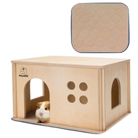 PAWCHIE Guinea Pig House Hide - Wooden Hideout for Chinchilla Small Animals, Habitat with Windows Guinea Pig Hamster Rat Living, Rectangular Hut with Pee Pad
