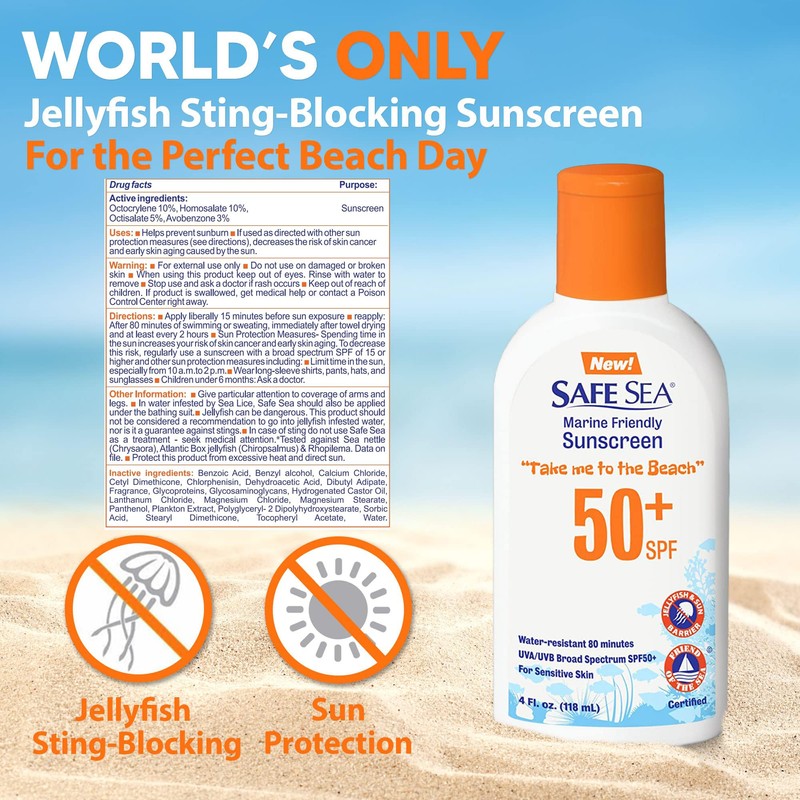 Safe Sea Jellyfish Sting-Blocking Sunscreen, SPF 50+ Lotion 4oz, Waterproof,