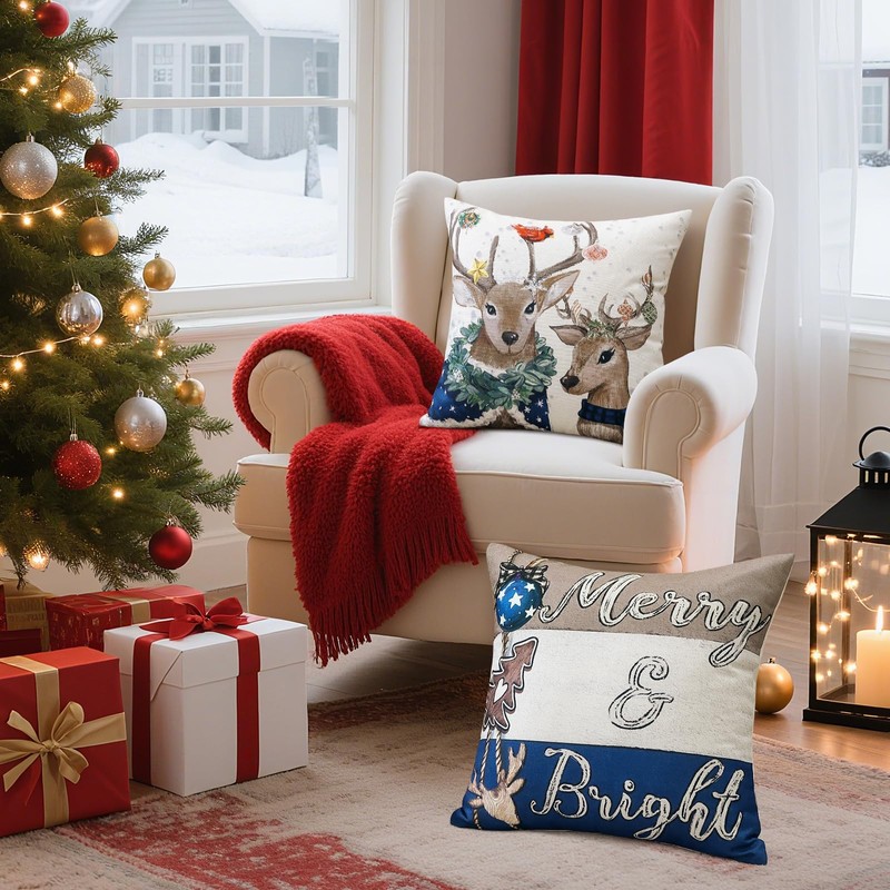 Christmas Throw Pillow Covers 16x16 Inch Set of 4, Merry