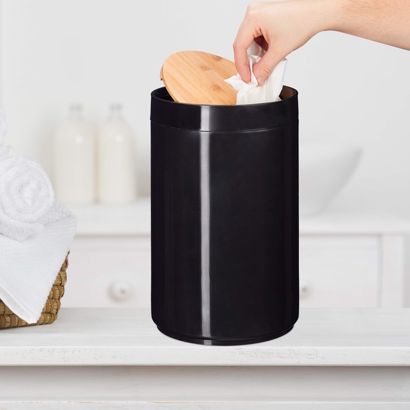 Relaxdays Cosmetic Bin, Bamboo Swing Lid, Modern Bathroom Bin, Plastic,