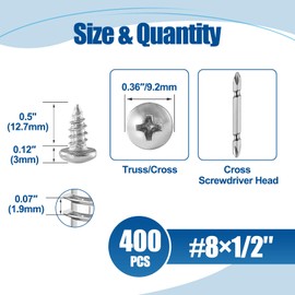 ANCHOREASE #8×1/2″ Wood Screw 400Pcs, 304 Stainless Steel Screws, Truss Head Phillips Fast Self Tapping Screws