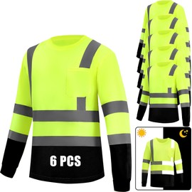 WPLM High Visibility Long Sleeve T Shirts Safety Fit Work Shirts Sun Protection Construction Shirts for Men XL 6PCS