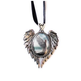 Spirit Guide - Angel Cameo Oval Cabochon Style Pendant Necklace in Winged Setting With Heart Casting at Top, Ribboned - Artwork by Anne Stokes