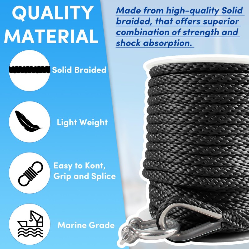 Premium Anchor Rope 100 ft x 3/8 inch, Solid Braid