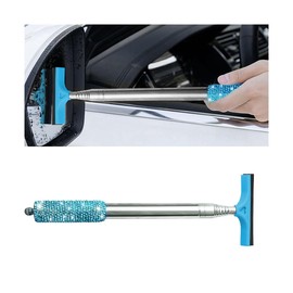 Sandfren Bling Car Rearview Mirror Wiper, Retractable Rhinestone Vehicle Window Squeegee Cleaner, Diamond Telescopic Portable Automotive Mirror Glass Cleaning Tool, Universal Fit (Lake Blue)