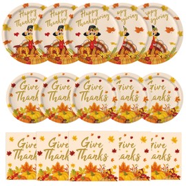 150 Pcs Thanksgiving Plates and Napkins Sets - Happy Thanksgiving Round Tableware, Disposable Fall Turkey Give Thanks Paper Dinner Dessert Plates Dinnerware for Thanksgiving Party Supplies, Serve 50