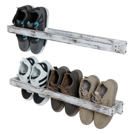 MyGift 30 Inch Shabby White Washed Solid Wood Wall Mounted Shoe Hanger Storage Rack, Hanging Shoes Organizer Shelf for Closet Mudroom Entryway, Set of 2 Holds 6 Pairs