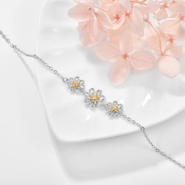 KINGWHYTE 925 Sterling Silver Daisy Bracelet for Women Adjustable Flower Bracelets Daisy Jewelry Gifts for Her Women Girls Wife Girlfriend