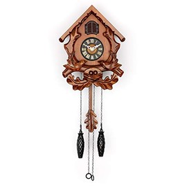 Cuckoo Clock with Night Mode, Singing Bird and Carved Wood Decorations (Cherry)