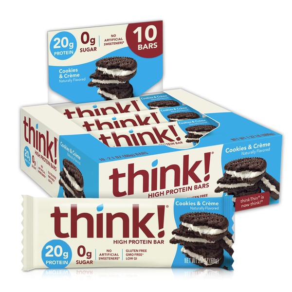 think! Protein Bars, High Protein Snacks, Gluten Free, Kosher Friendly, Cookies and Crème, Nutrition Bars, 2.1 Oz per Bar, 10 Count (Packaging May Vary)