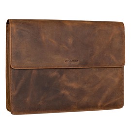 STILORD 'Jackie' Conference Folder Real Leather for 13.3 Inch Slim Document Bag for Office Laptop Black A4 Folder Small Briefcase, Sepia - Brown
