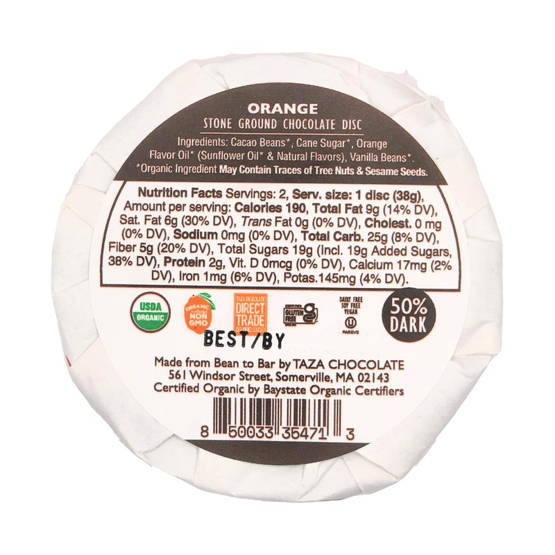 Taza Chocolate Organic Mexican-Style Disc 50% Dark Chocolate, Orange, 2.7