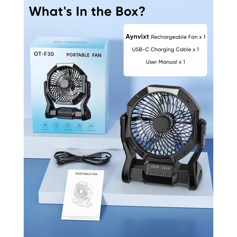 Portable Rechargeable Fan, 20000mAh Battery Powered Camping Fan with LED