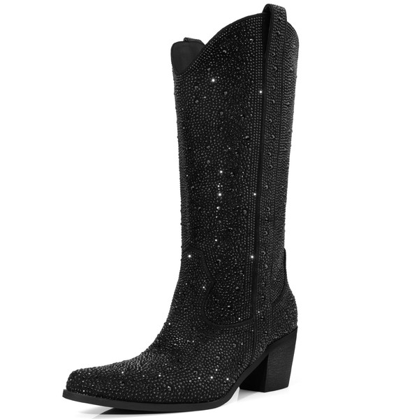 DANAZANA Rhinestone Cowboy Boots for Womens Wide Calf Sparkly Cowgirl