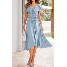 PRETTYGARDEN Women's Summer Cross Maxi Dress Casual Boho Deep V Neck Short Sleeve Ruffle Hem Split Beach Long Dresses (Light Blue,Large)
