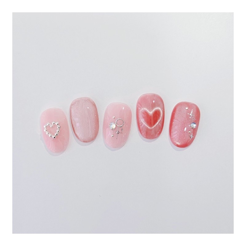 Heart Beam Handmade Nail Tips Pink Heart Magnetic Gel -