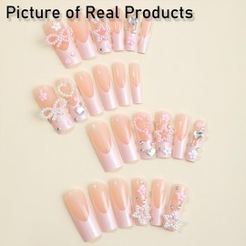 RUPOFUZA Long Press on Nails Square Fake Nails Pink French Tip nails False Nails with Pearl Bow Stars Diamond Press ons Designs Acrylic Nails Press on Artificial Nails Stick on Nails for Women 24Pcs