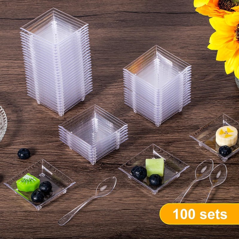 KAHEIGN 100Pcs Plastic Appetizer Plates with Spoons, 6CM Square Dessert