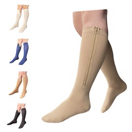 Ziperior 8-15 mmHg Compression Grade 0 Calf Inside Leg Zipper Closed Toe Socks (Tan, Small-Medium)