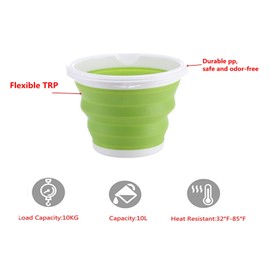 XJS Folding Bucket, Portable Collapsible Bucket Water Basin Container for Hiking Camping Fishing Travelling Gardening Outdoor Use, Green (2.65Gallon/10L)
