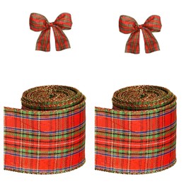 HAICN 2Rolls Christmas Plaid Burlap Ribbon Multicolor Gingham Wrapping Ribbon with Spool Gift Wrapping Ribbon for DIY Floral Bows Xmas Party Decorations(12Yards)