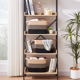 OIAHOMY Storage Basket, Woven Baskets for Storage, Cotton Rope Basket for toys,Towel Baskets for Bathroom - Pack of 3, Black & Brown