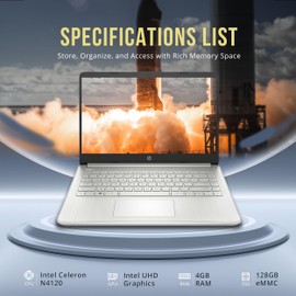 HP Stream 14" HD BrightView Laptop, Intel Celeron N4120, 4GB RAM, 128GB eMMc, Intel UHD Graphics, 720p HD Webcam, WiFi 5, Bluetooth, Windows 11, Silver (Renewed)